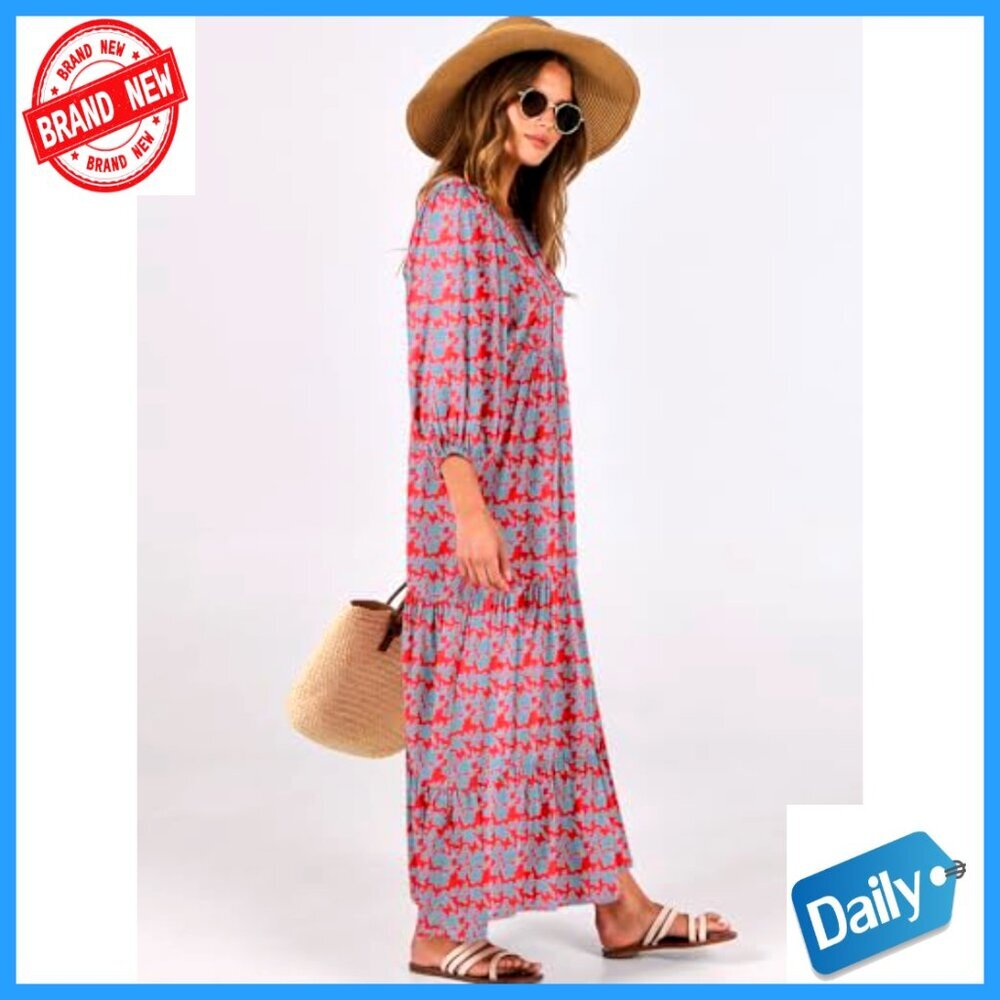 Boho Maxi Dress with Puff Sleeves, V-Neck, Flowy Swing Fit - Picture 3 of 7